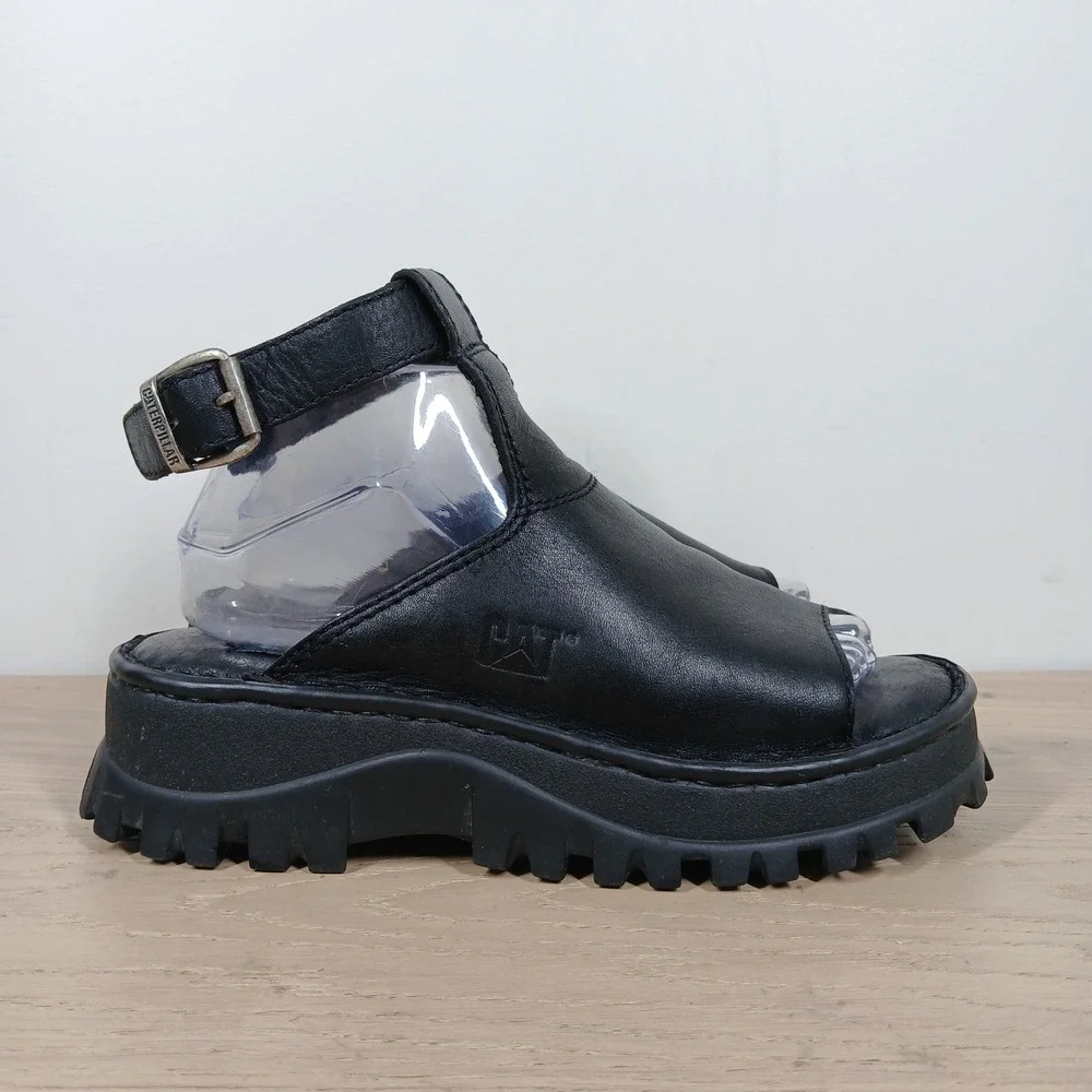 RARE Caterpillar CAT Y2K Black Leather Platform Sandals Women 8 Lug Ankle Strap